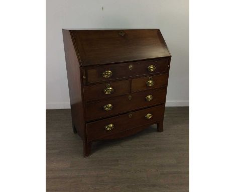 MAHOGANY BUREAU,with hinged writing flap, on splayed bracket feet, 97cm wide 