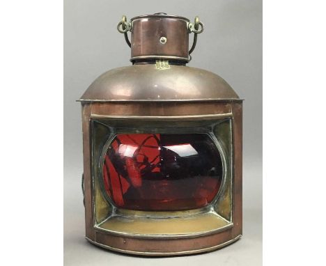 COPPER SHIP'S LAMP,fitted for electricity, 36cm high, along with a brass toddy kettle, oil lamp and carved wood rectangular p