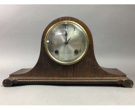 EARLY 20TH CENTURY OAK MANTEL CLOCK,44cm wide, along with a Border Fine Arts group of an Otter &amp; Frog by Ray Ayres on a p