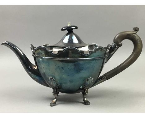 THREE PIECE PLATED TEA SERVICE,along with a Victorian ceramic biscuit barrel with plated mounts (4)
