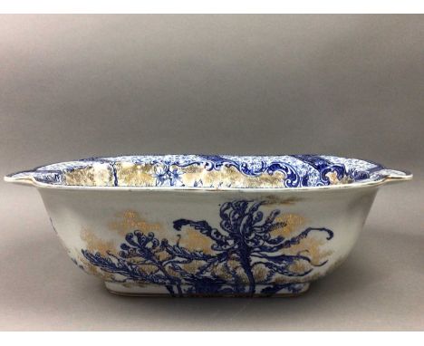 VICTORIAN DOULTON BLUE &amp; WHITE WASH BASIN,43cm wide, along with a reproduction Imari wash ewer and basin, 47cm wide (3)