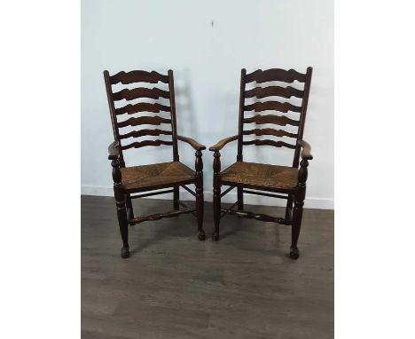 SET OF SIX OAK LADDER BACK DINING CHAIRS,with rush seats 