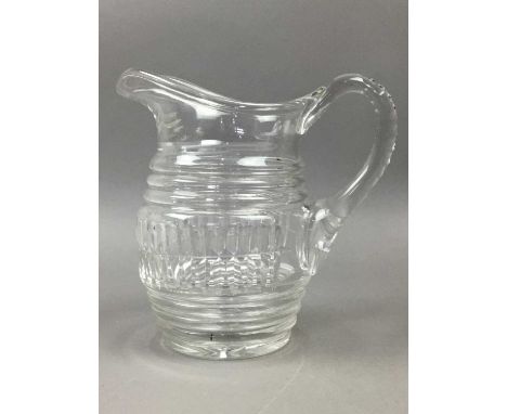 EARLY 20TH CENTURY CUT GLASS WATER JUG,20cm high, along with a 19th century decanter, a pair of crystal vases and a Victorian