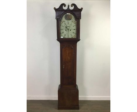 GEORGE III OAK LONGCASE CLOCK,by George Bell of Jedburgh, with two train movement, the white enamel dial with Roman numerals,