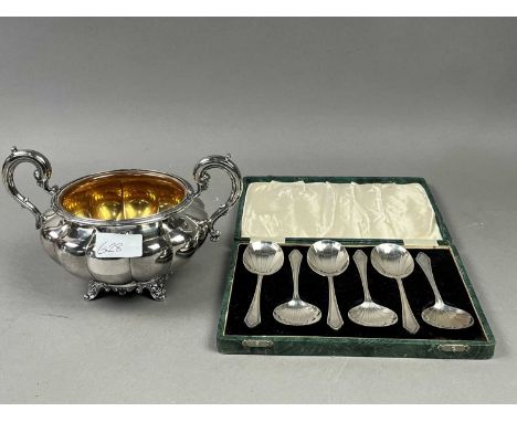 EARLY 20TH CENTURY SILVER CANDLESTICK,13cm high, along with a silver plated sugar bowl, a ladle and other cutlery