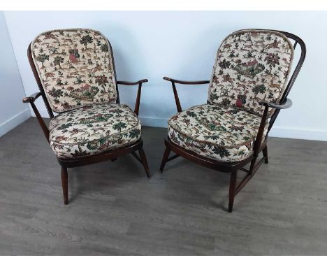 PAIR OF ERCOL OPEN ELBOW CHAIRS,with loose cushion backs and seats