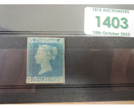 GB 1841 QVIC, 2D BLUE 4 MARGINS CORNER LETTERS FG, MINT (RE-GUMMED)   Queen Victorian 2d Blue from 1841, with four margins 2 