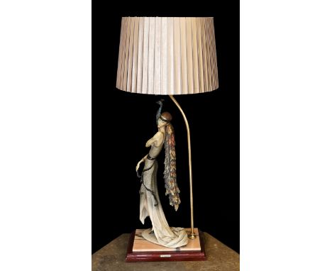 A 1980s Italian Giuseppe Armani lamp base, modelled with a resin lady holding a peacock, height 62cm, width of base 26cm
***C