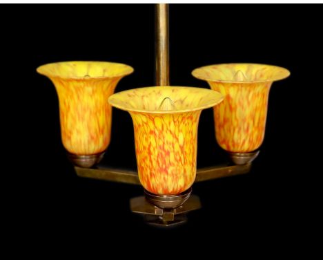 A 1930s GLC bronzed metal light fitting with three marbled amber glass shades, height 60cm. width 33cm
***CONDITION REPORT***
