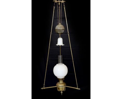 A Victorian Hinks brass counterbalanced hanging oil lamp with opaque glass shade and fluted balance weight, height 140cm, wid