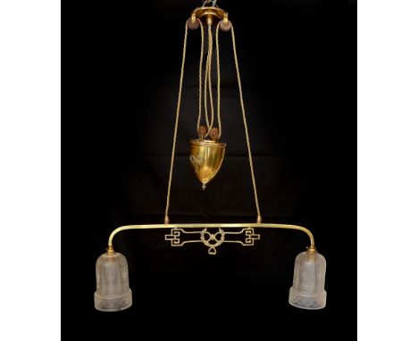 An Edwardian brass counter balanced light fitting with frosted glass shades etched with Grecian urns, height 80cm. width 64 c