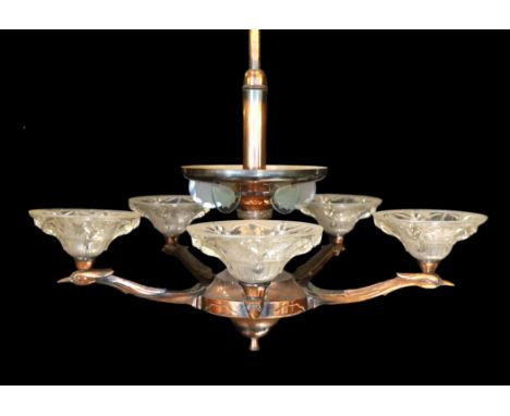 A Boris Lacroix Art Deco copper and frosted glass light fitting, height 84cm. width 82cm

&nbsp;
