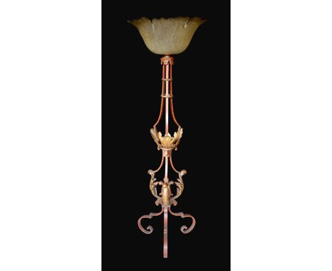 A 1950s Italian parcel gilt red painted wrought iron and tole ware lamp standard with smoked crackle glass shade, height 163c