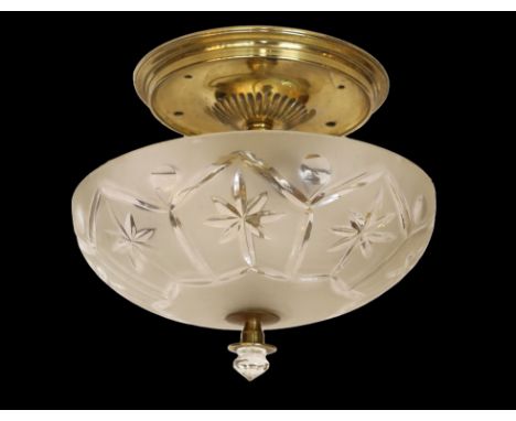 A 1950s French brass cut and etched glass ceiling light, height 27cm. diameter 30cm
***CONDITION REPORT***Good condition, req