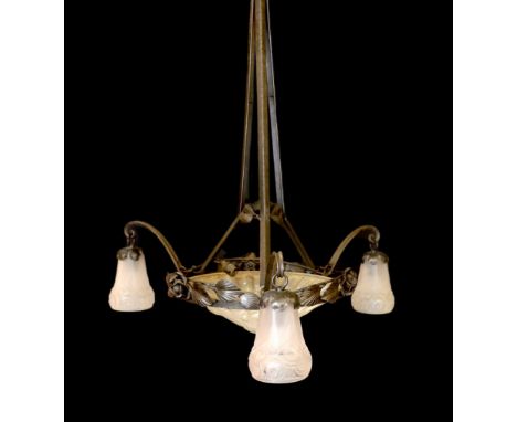 A 1930s French wrought iron and frosted glass light fitting, in the manner of Edgar Brandt with Sabino style shades, height 8
