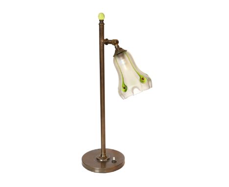 A 1930's English brass desk lamp with Art Nouveau style glass shade, height 58cm
***CONDITION REPORT***Good condition, recent