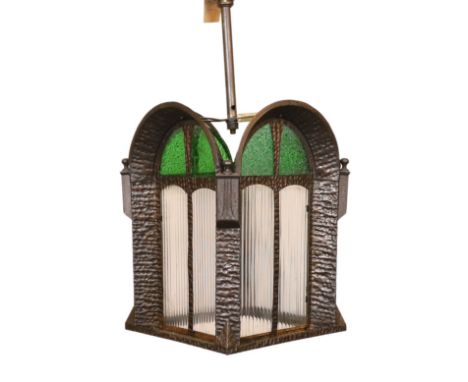 A 1930s Swiss pressed iron, rippled and stained glass hall lantern, height 80cm. width 26cm
***CONDITION REPORT***Good condit