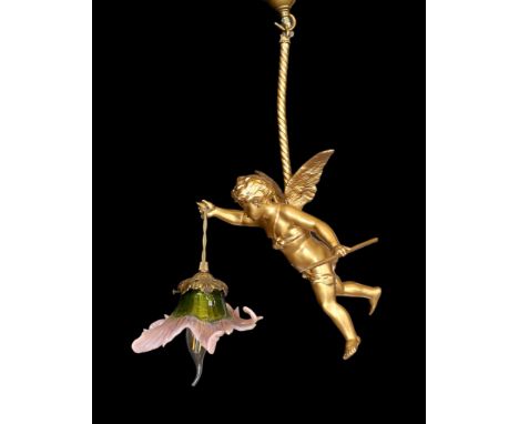 A 1920s English gold painted spelter Cupid light fitting with coloured glass shade, height 54cm. width 24cm
***CONDITION REPO