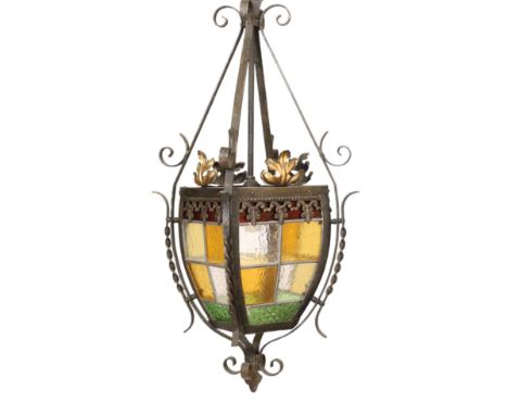 A 1940s-50s French wrought iron and stained glass hall lantern, height 60cm. width 28cm
***CONDITION REPORT***Some light wear