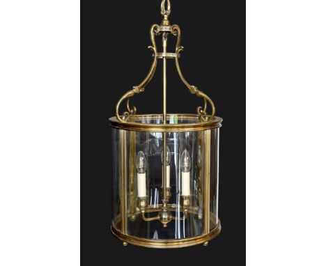 A large Georgian style brass hall lantern with internal bulb holder, height 79cm. diameter 38 cm
***CONDITION REPORT***Very g