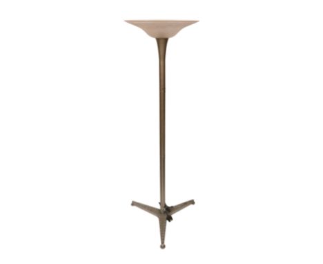 A 1960s steel uplighter lamp standard with ribbed and frosted glass shade, height 171cm. width of base 65cm. width of shade 5