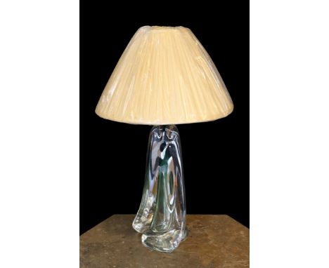 A 1960s Murano glass lamp base, of twisted form, with replacement pleated silk shade, height 38 cm
***CONDITION REPORT***Very