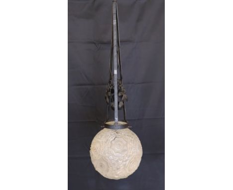 A 1920s French wrought iron and frosted glass pendant light fitting, in the manner of Edgar Brandt with Sabino style shade, h