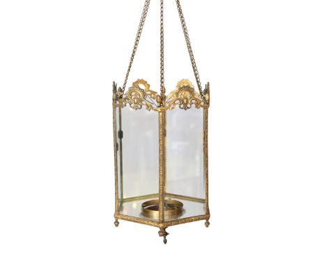 A mid 19th century English hexagonal brass hall lantern with scroll moulded frame, drop from rose 64cm. width 25cm
***CONDITI