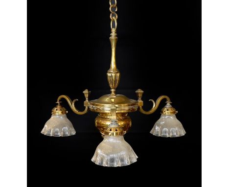 An Edwardian lacquered brass three light chandelier with ribbed glass shades, height 70cm. width 60cm
***CONDITION REPORT***G