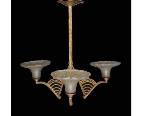 A 1920s French gold painted wrought iron light fitting with iridescent glass shades, height 62cm. width 68cm
***CONDITION REP