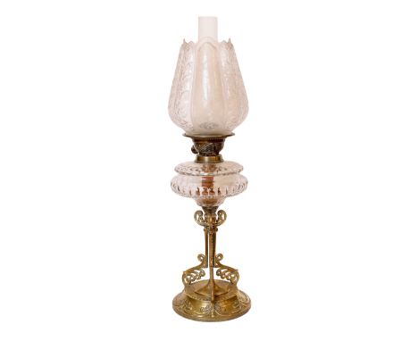 A late Victorian brass and cut glass oil lamp with duplex mechanism and frosted glass shade, height overall 65cm
***CONDITION