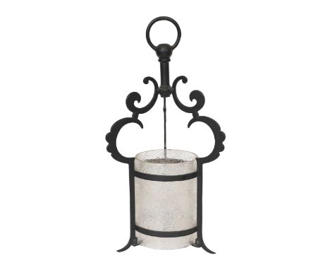 An early 20th century English wrought iron hall lantern with frosted glass liner, height 40cm to 40cm
***CONDITION REPORT***G