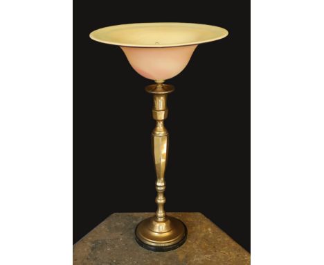 A 1960s brass table lamp with marbled glass ‘pate de verre’ shade, height overall 66cm
***CONDITION REPORT***Good condition, 