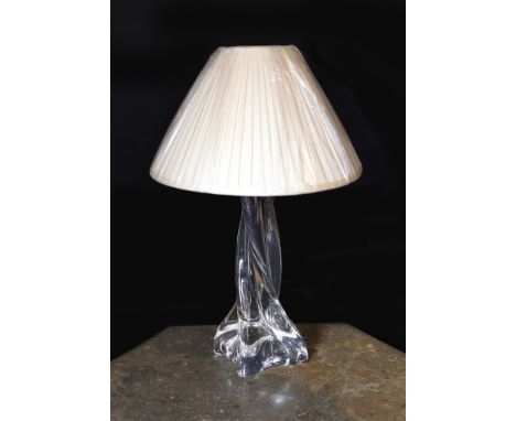 A 1960s Baccarat clear crystal glass table lamp, of twisted form, with replacement pleated silk shade, height 35cm
***CONDITI