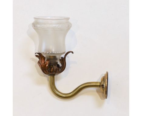 An English Arts &amp; Crafts copper and brass wall light with cut and frosted glass shade, 22cm
***CONDITION REPORT***Good Co