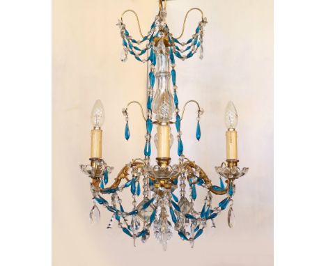 An early 20th century French gilt brass clear and blue glass four light chandelier, drop 80cm. width 40cm
***CONDITION REPORT