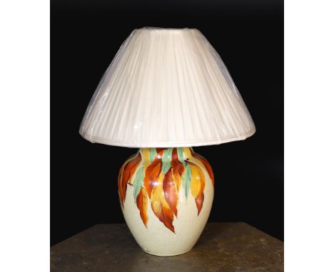 A 1930s English hand-painted pottery lamp base by Wait and Son of Midsham, Surrey, decorated with the autumn leaves, height w