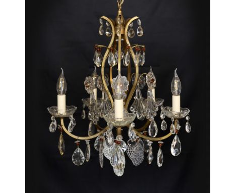 An early 20th century French bronzed metal and glass drop five light chandelier, height 63cm. width 48cm
***CONDITION REPORT*