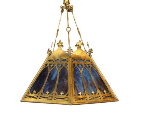 A 19th century Scottish Gothic hexagonal brass and marbled glass light fitting, drop 70cm. width 63cm
***CONDITION REPORT***A