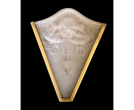An Art Deco bronzed metal and frosted glass up lighter wall light, height 34cm. width 27cm
***CONDITION REPORT***Metal frame 