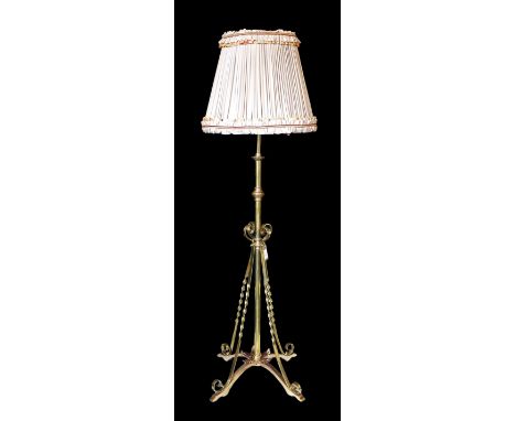 A late 19 century English brass and copper telescopic oil lamp standard converted to electricity, height 145cm. width of base