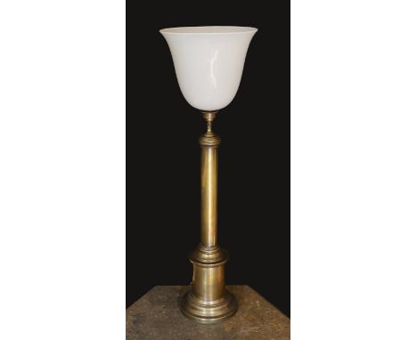 A 1950’s oxidised brass column table lamp with opaque white glass uplighter shade, height overall 84cm
***CONDITION REPORT***