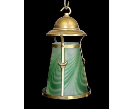 An English Arts &amp; Crafts Benson style brass light fitting with marbled glass, height 25cm. width 14cm
***CONDITION REPORT