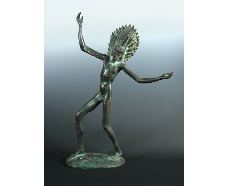 § Harry Phillips, (British, 1911-1976), The Dancer, a patinated bronze figure, dancing in a full North American Indian style 