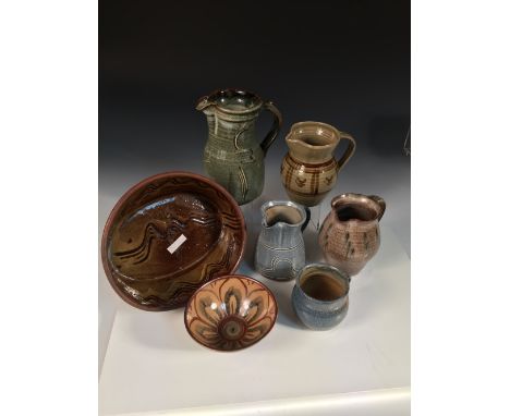 A small collection of studio ceramics, comprising a David Leach, Lowerdown Pottery jug, an Ara Cardew at Wenford Bridge bowl,