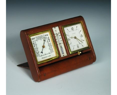 Jaeger Le Coultre, a pig skin cased travelling compendium, with barometer, thermometer and clock, the clock with eight-day mo