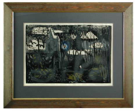 § Walter Hoyle (British, 1922-2000) Church and Moon signed lower right "Walter Hoyle '57" and "Artist's proof" colour lithogr