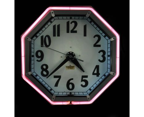 The Neon Electric Clock Company, Cleveland, Ohio, a large octagonal wall clock, circa 1950, the white enamel dial with Arabic