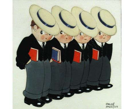 § Chloe Preston (British, 1887-1969) Harrovian Boys signed "Chloe Preston" lower right gouache with pen and pencil 24 x 24cm 