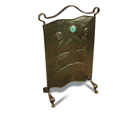 An Art Nouveau copper fire screen, the hammered copper panel with Ruskin-type enamel cabochon and embossed stylised foliate m